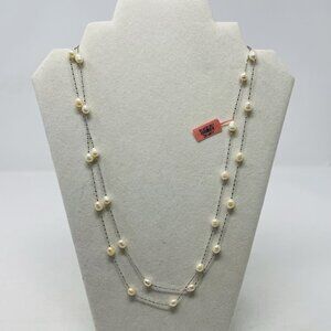 Freshwater Peach Pearl Silvertone Station Long Necklace 47inch Long 5038